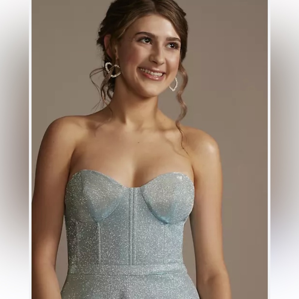 David’s Bridal Strapless Blue Metallic Dress
